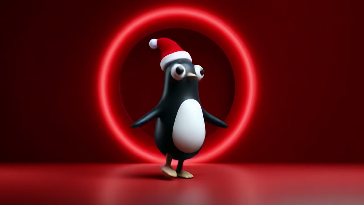 Cheerful Animated Penguin in Santa Hat Walking against a Vibrant Red Background with a Glowing Circular Neon Light, Perfectly Capturing Holiday Spirit and Joy in a Playful Style