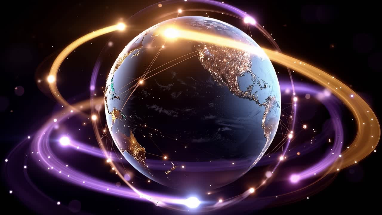 Global Network Connections Orbiting Earth with City Lights