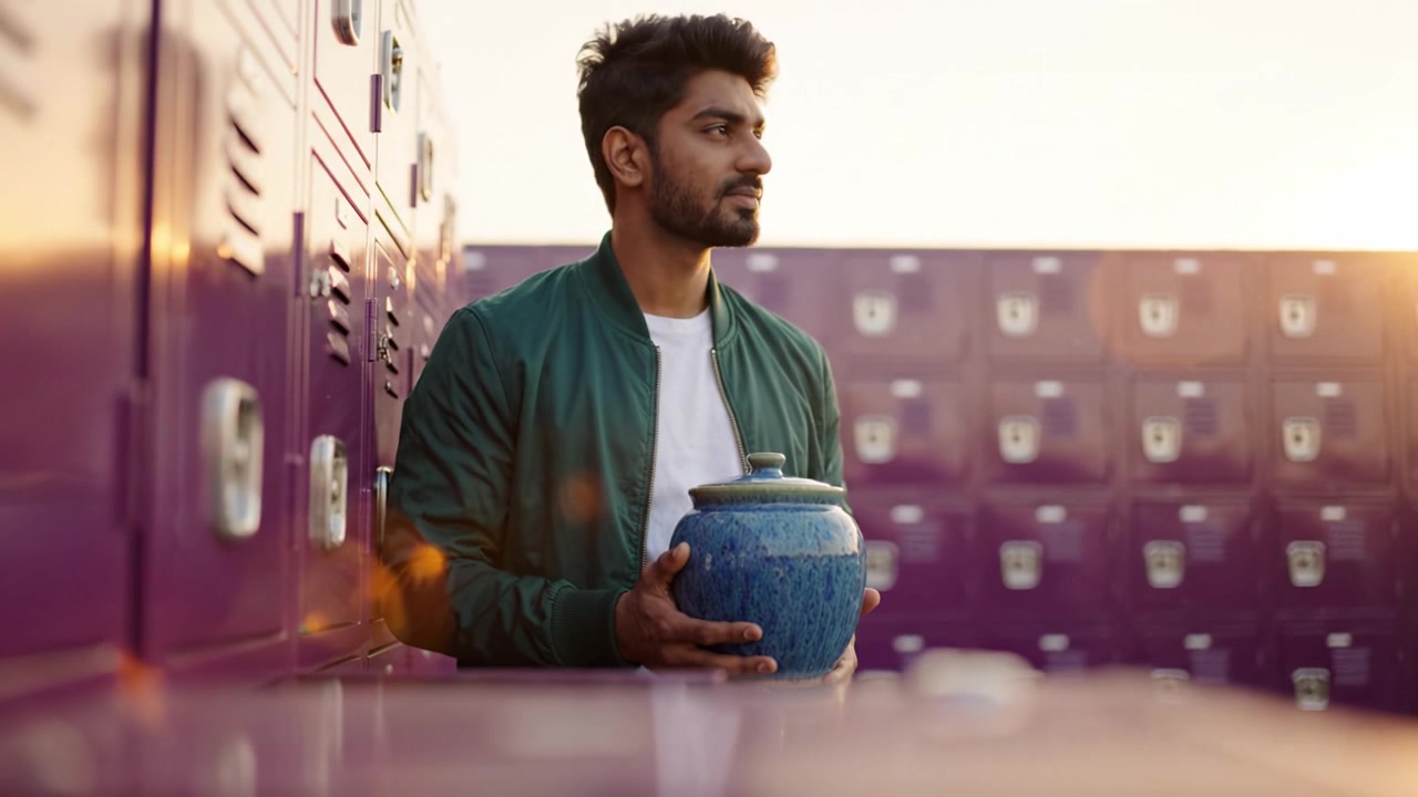 A person holding a blue ceramic jar stands beside purple lockers at sunset, contemplating their thoughts as golden light casts a warm glow on the scene.