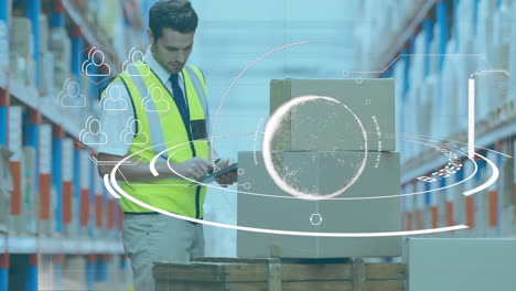 animation of scope scanning and globe over man using tablet in warehouse