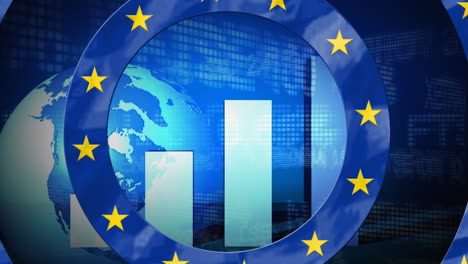 Estrellas-Amarillas-En-Círculos-Azules-En-Movimiento-Contra-El-Procesamiento-De-Datos-Y-El-Globo