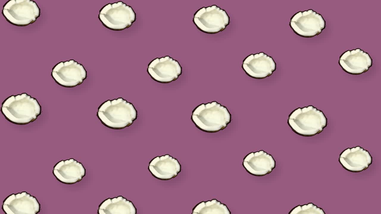 코코의 다채로운 패턴.  뷰. 최소한의 열대 과일 여름 컨셉. 코코과 함께 완벽한 패턴. 포프 아트 디자인. 현실적인 애니메이션. 4k 비디오 모션.