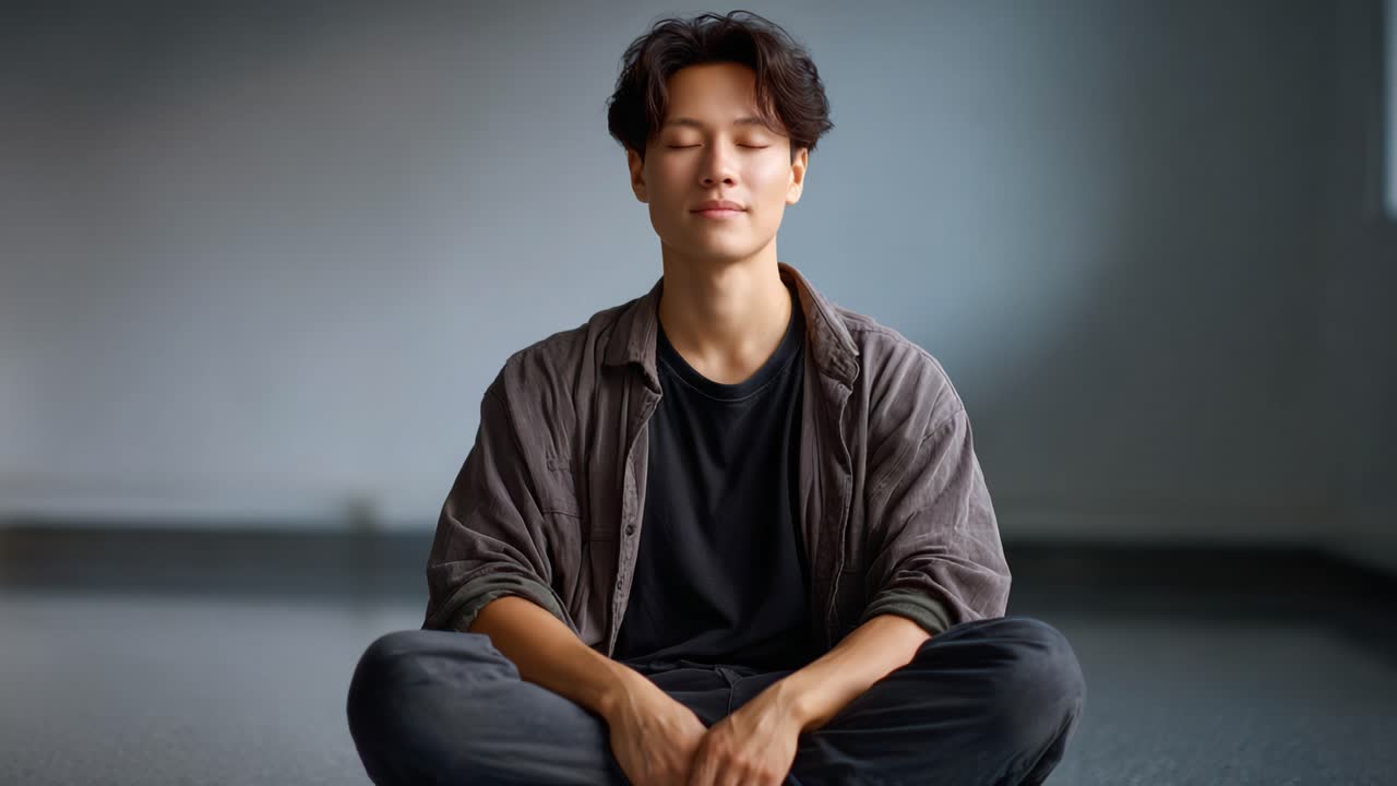A Serene Moment of Meditation: A Young Man with Closed Eyes and a Peaceful Expression, Surrounded by a Softly Lit, Minimalist Background