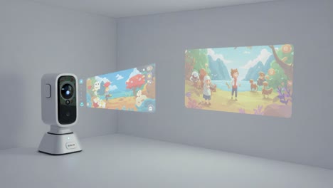 a captivating projection scene featuring a smart device casting animated content on walls in a bright room setting