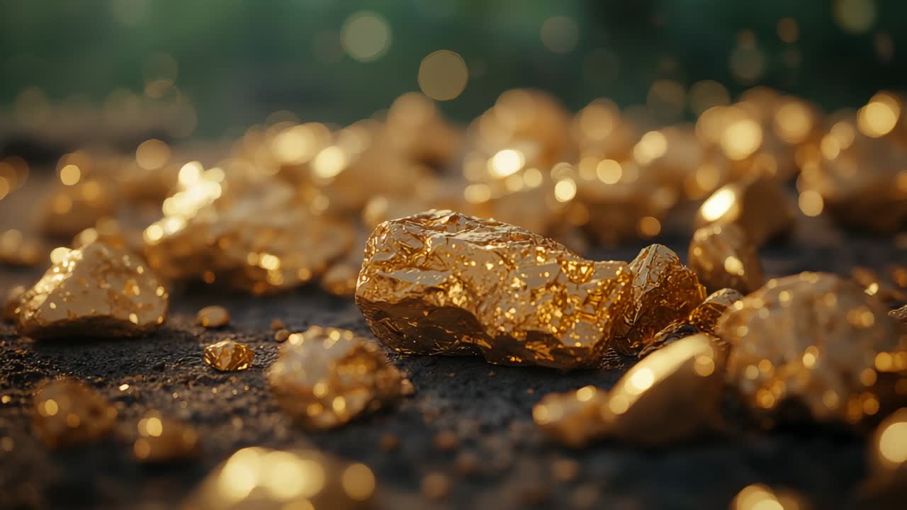 Upon clip start camera shifting focus emphasizing golden nuggets on dark sand, sunlight dancing