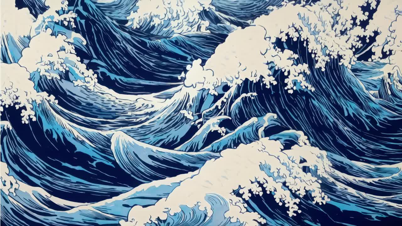 The video showcases a dynamic, artistic depiction of ocean waves in a traditional Japanese style
