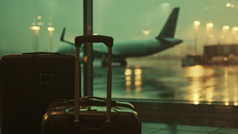 suitcases at airport with airplane in background