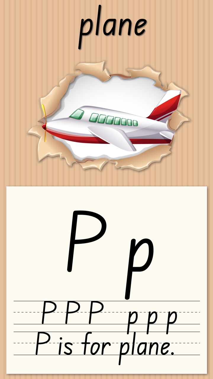 Un'animazione educativa verticale insegna la lettera P usando un aereo a cartoni animati e un esercizio di calligrafia.