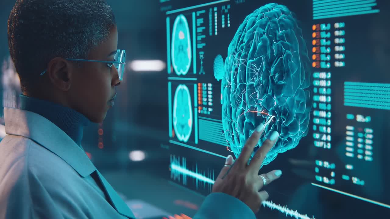 Side angle of a scientist analyzing brain scans on a digital screen, resembling a futuristic video
