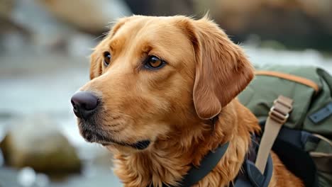 un perro con una mochila sentado en una roca junto a un río