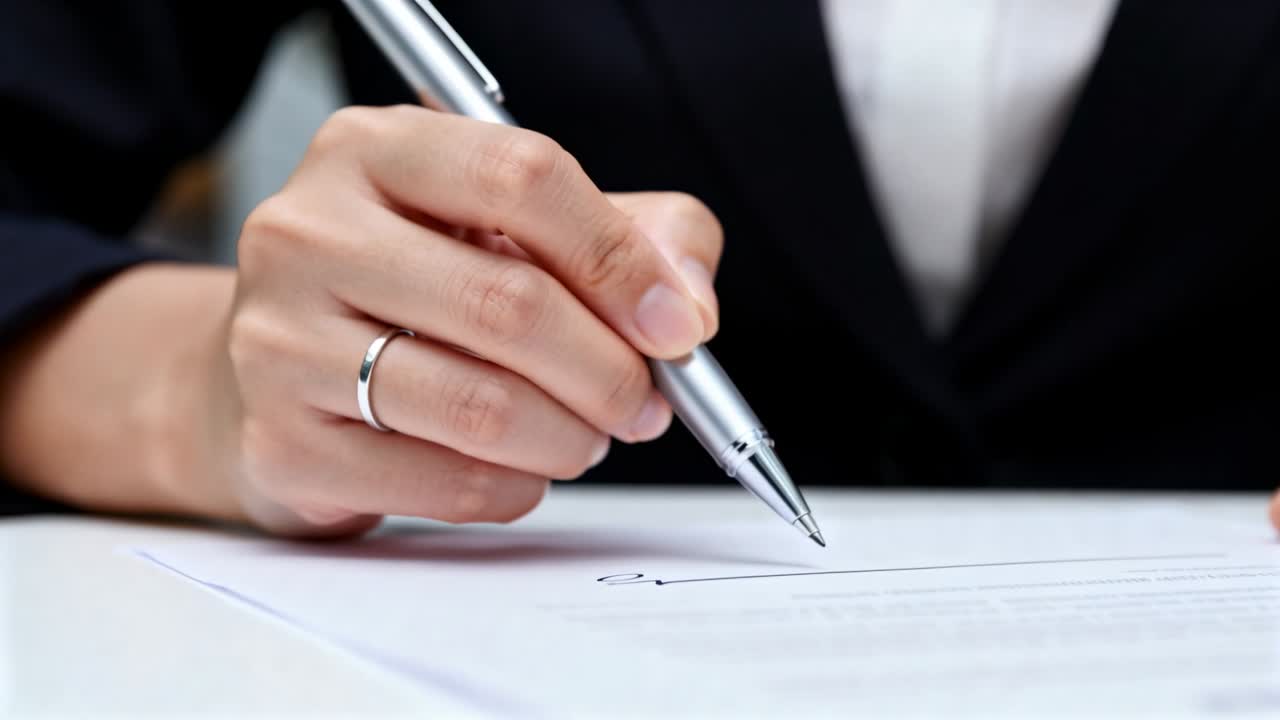 Una donna con giacca scura e un anello appoggia la punta di una penna d'argento, firmando e finalizzando un modulo alla scrivania.