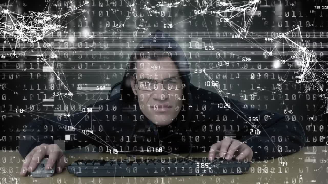 컴퓨터 키보드로 해커를 통해 데이터 처리를 하는 네트워크의 애니메이션