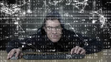 animación de la red con procesamiento de datos sobre hacker con teclado de computadora