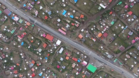 aerial drone shot from top diagonal road in poor area ulaanbaatar