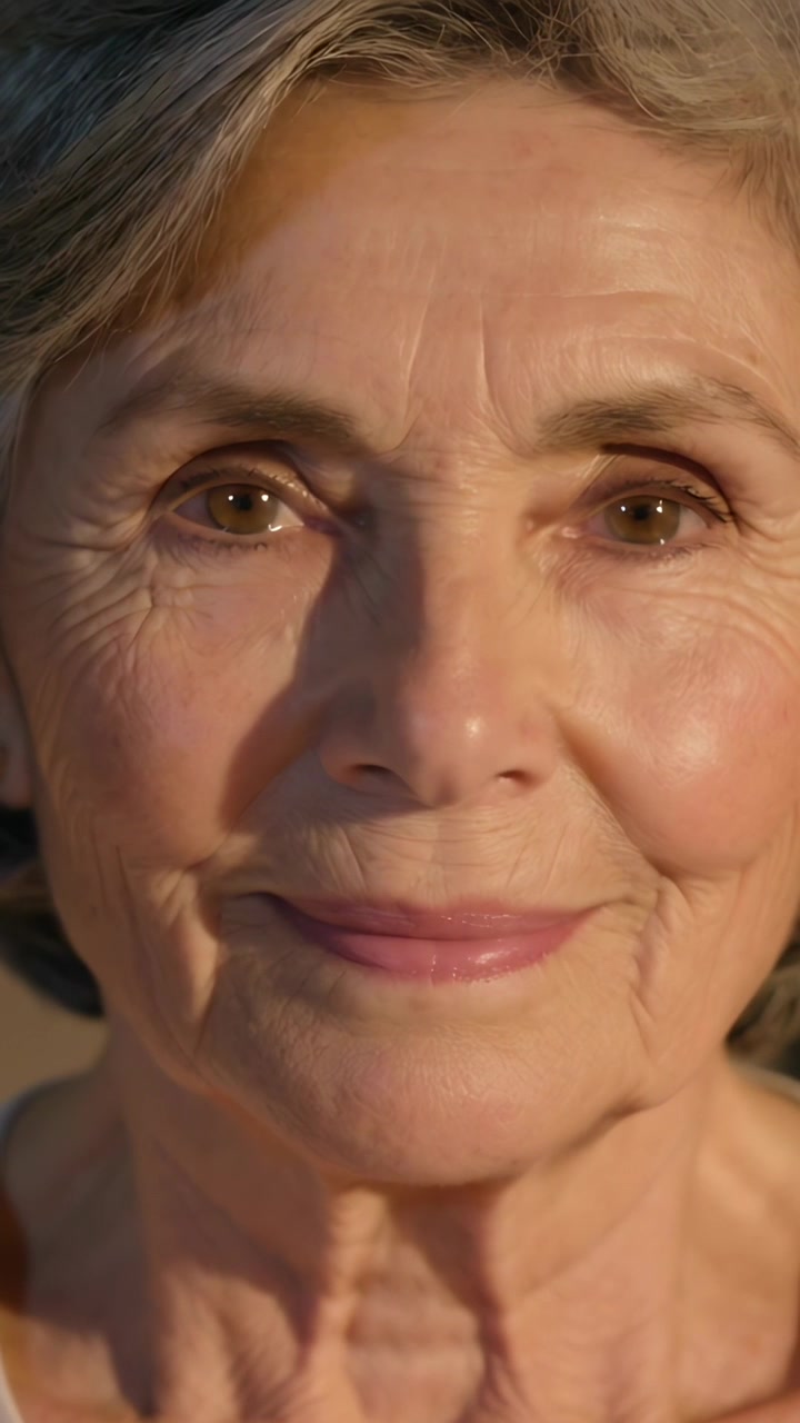 Vertical video: Recording, senior woman gazing, blinking and smiling in studio, wearing studs