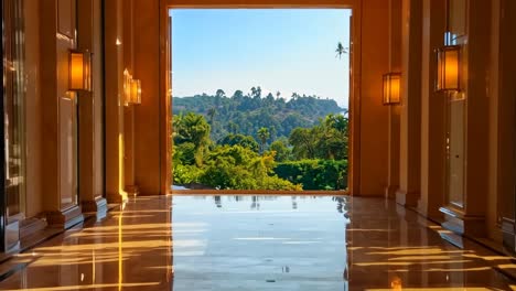 a long hallway with a view of the mountains in the distance