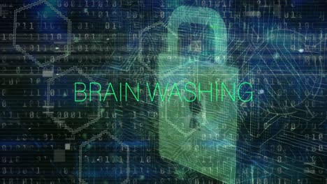 animation of brainwashing text in green over padlock, motherboard and data processing, on black