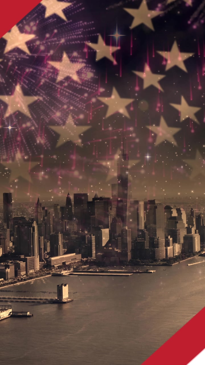 Animazione di linee in movimento su skyline urbano e bandiera americana