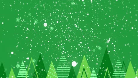 animation of snow falling over fit trees on green background