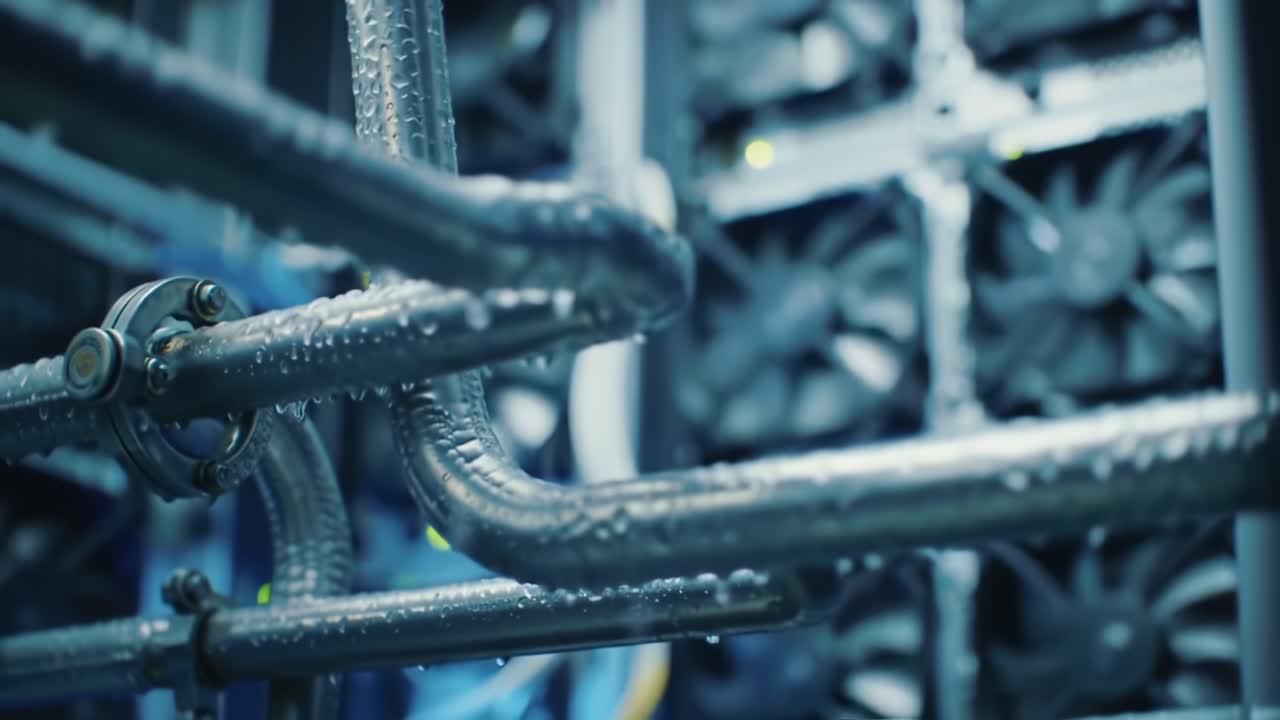 Detailed Close-Up of Cooling System with High-Performance Fans and Moisture-Covered Pipes in an Advanced Data Center Environment