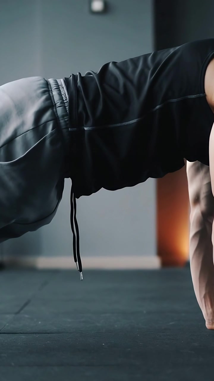 Video verticale: Un uomo in posizione di plank alto esegue micro-movimenti su un tappetino da palestra, mantenendo la postura con una maglietta nera.