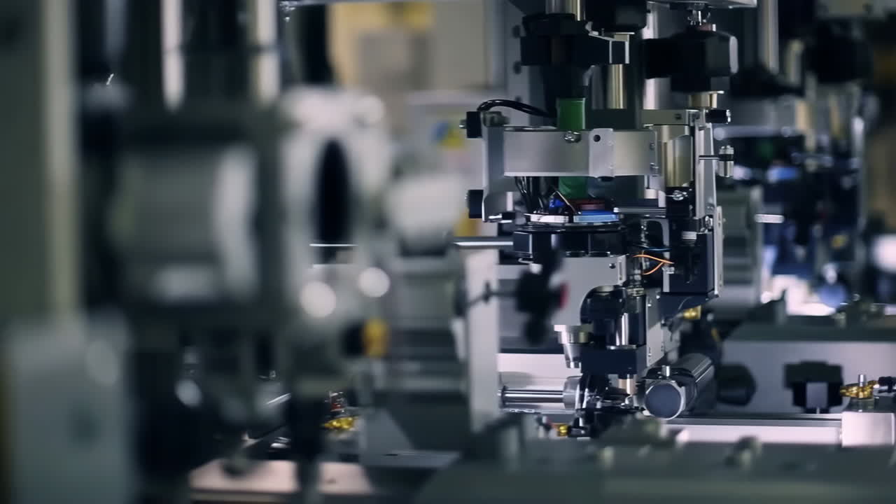 Close-up of industrial automation machinery in a factory