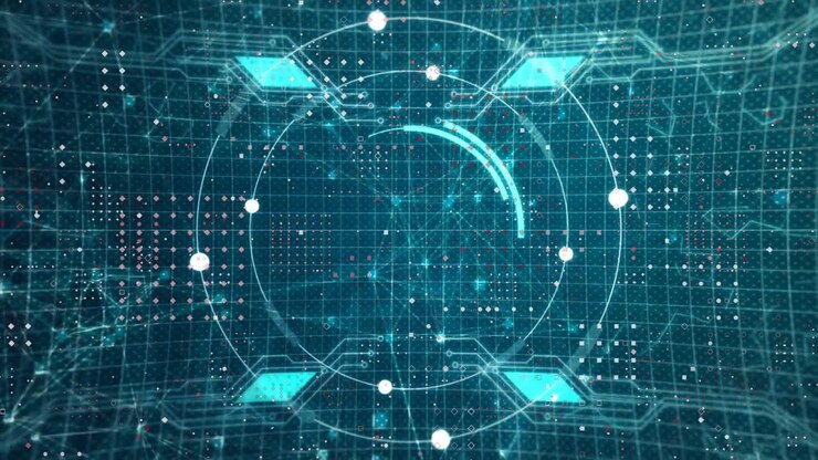 Animation of blue circular scanner processing over network and grid on dark background