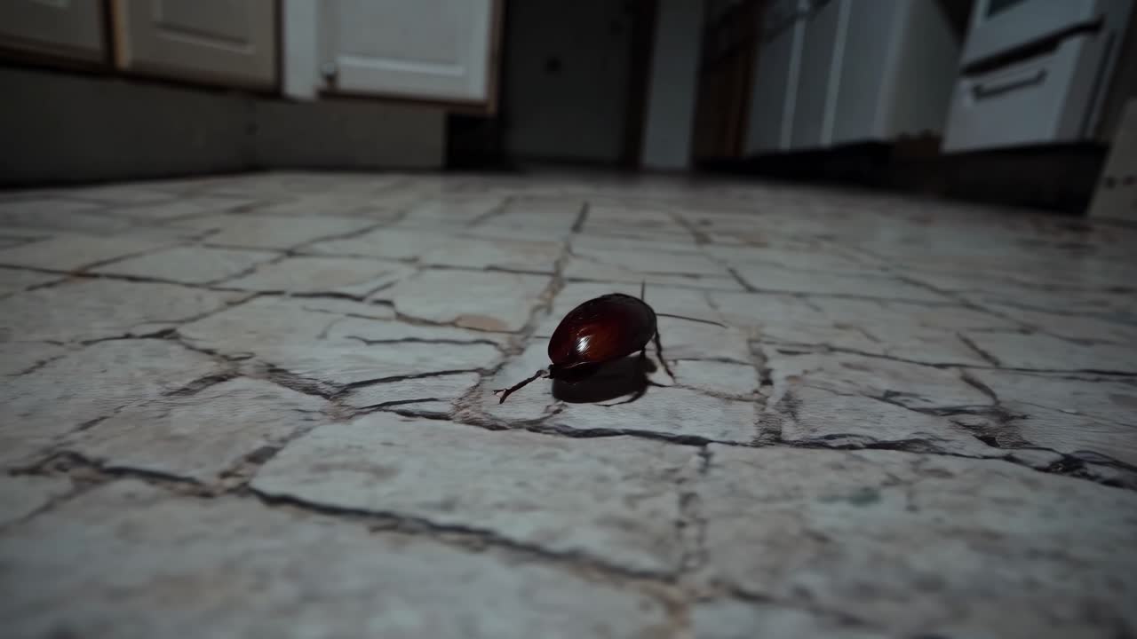 Low-angle video shot of a cockroach on a tiled kitchen floor, capturing a dramatic and close-up