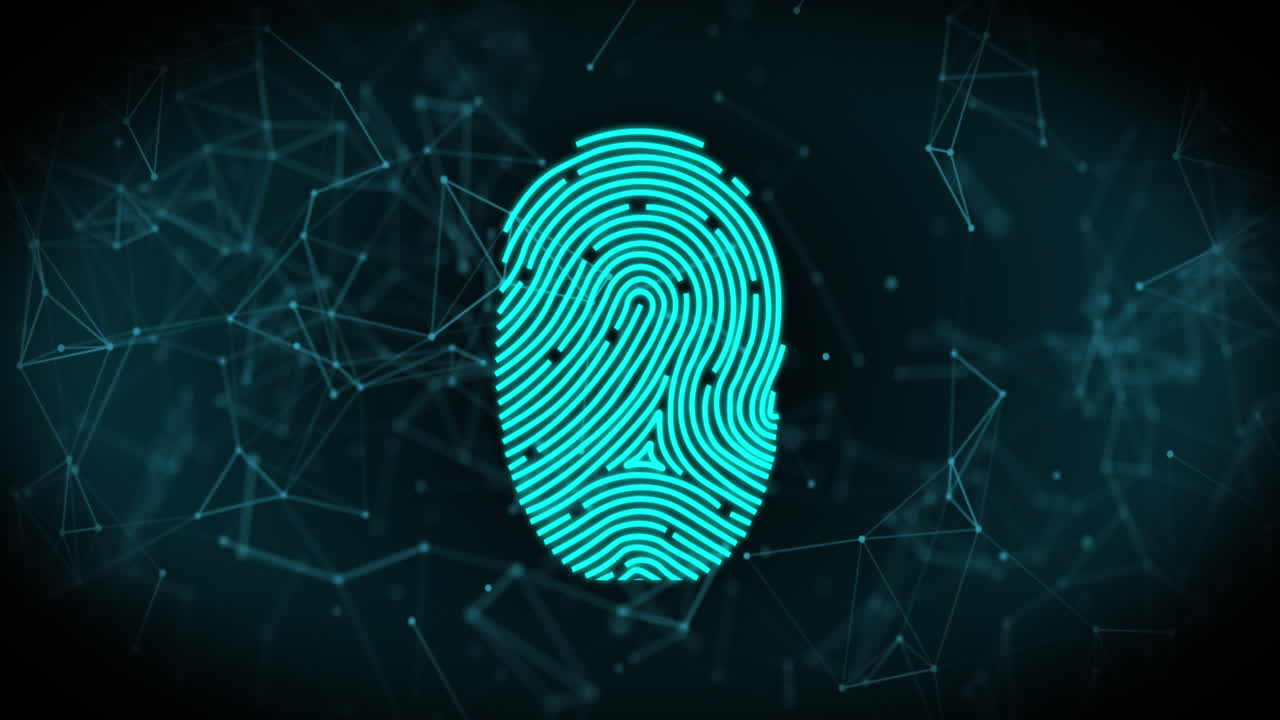 escáner de huellas dactilares y icono de candado de seguridad contra la red de conexiones