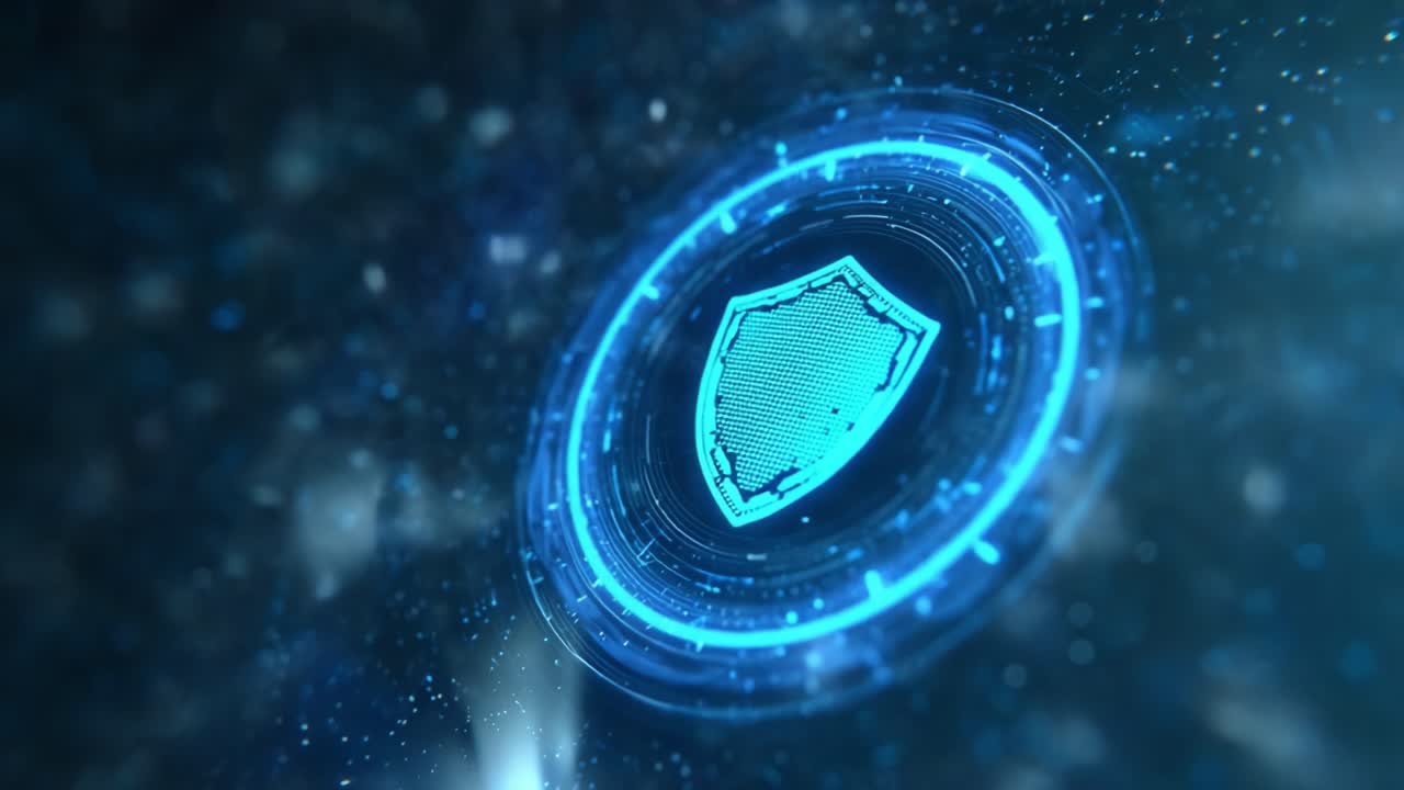 Dynamic Cybersecurity Shield Animation Representing Data Protection and Digital Security in a High-Tech Interface with Glowing Visual Effects