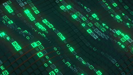 wavy lines with glow green computer code seamless loop 3d render animation