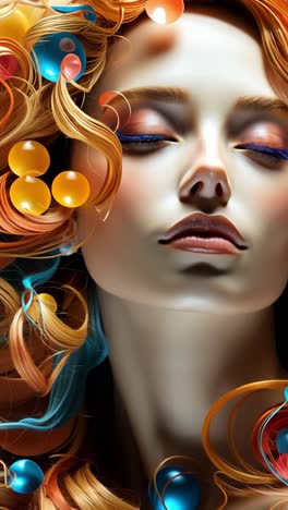 a woman with flowing hair and colorful orbs poses gracefully