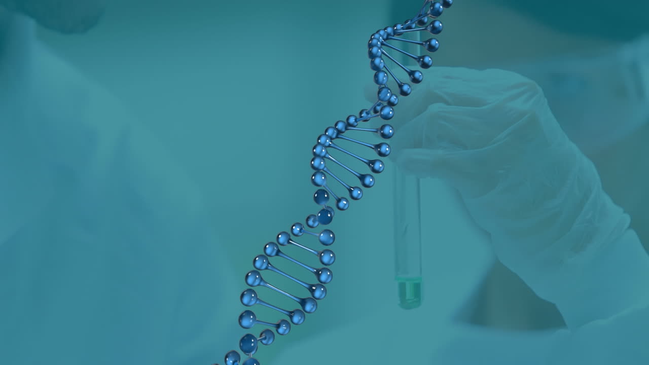 animación de la estructura de la molécula giratoria sobre diversos científicos que ponen líquido en un tubo de ensayo