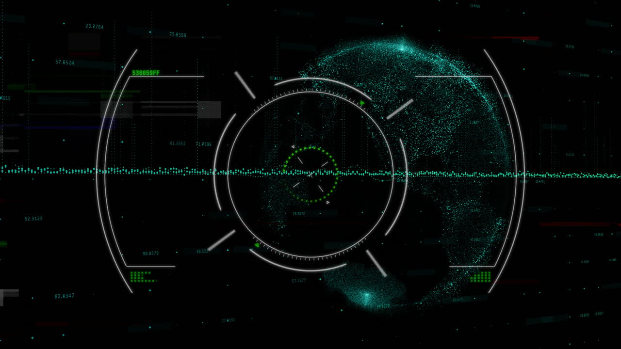 Animation of digital globe with data points and circular interface on green lines