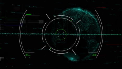 animation of digital globe with data points and circular interface on green lines