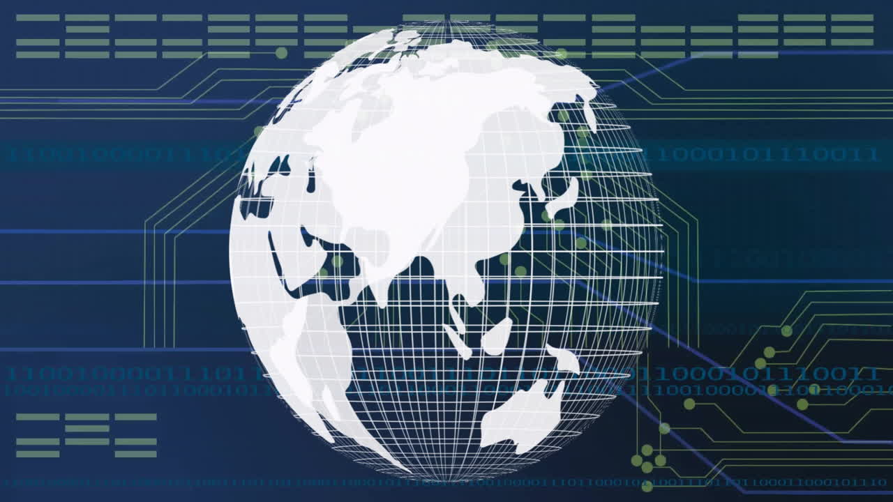 Digital globe with binary code and circuit lines animation over blue background