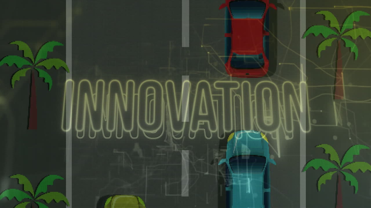 Animation of cars on road with digital network overlay and INNOVATION text