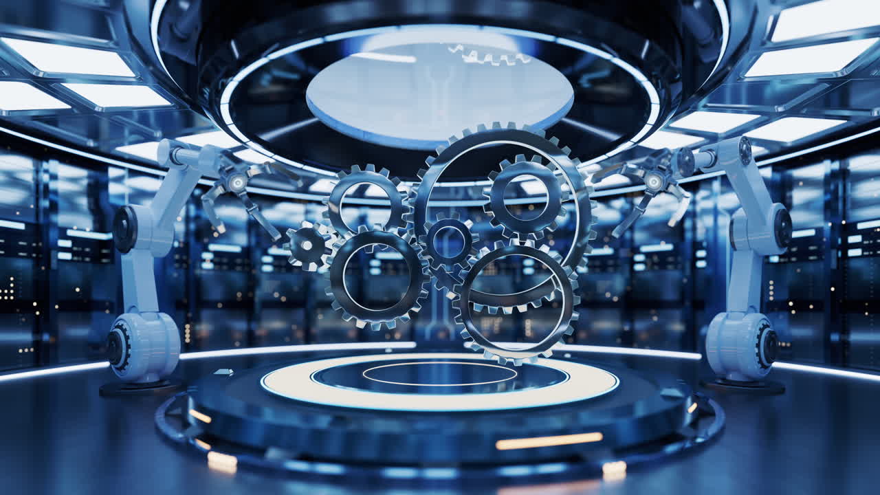 Mechanical arm and gears, intelligent manufacturing concept, 3d rendering.