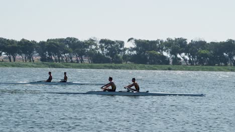 male rowers team rowing on the lake