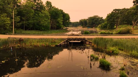 a low, old-style, wooden bridge bisecting a marshy creek area