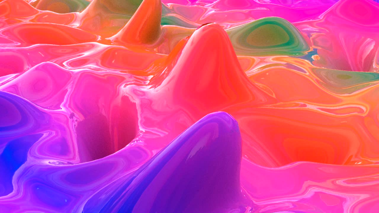 무지개 반이는 액체 파동 회전 영상. 회전 모양 표면에 생동감 넘치는 다채로운 페인트 흐름. 이리데센트 흐릿한 액체 매 없는 추상 애니메이션. 혼합 페인트 사이키델릭 루프 비디오.