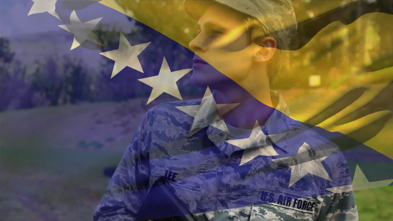 Animazione della bandiera della Bosnia ed Erzegovina sopra un soldato caucasico