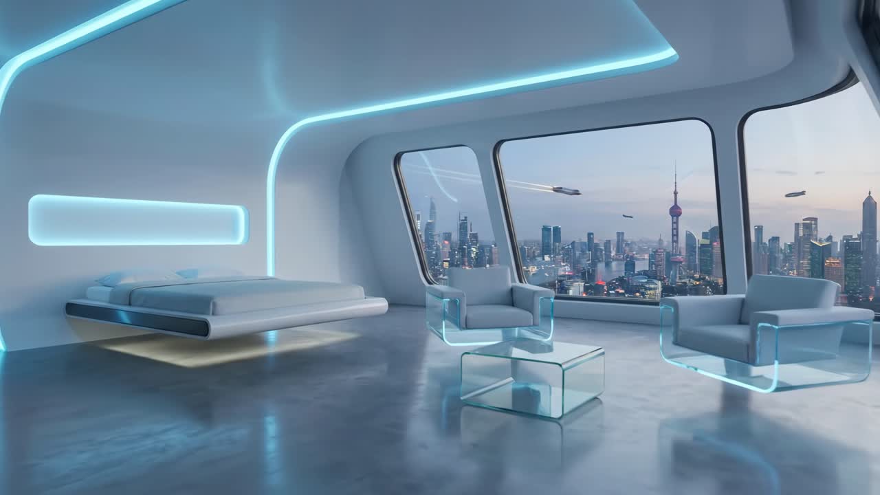 Stilrent futuristisk interiørdesign med udsigt over byens skyline