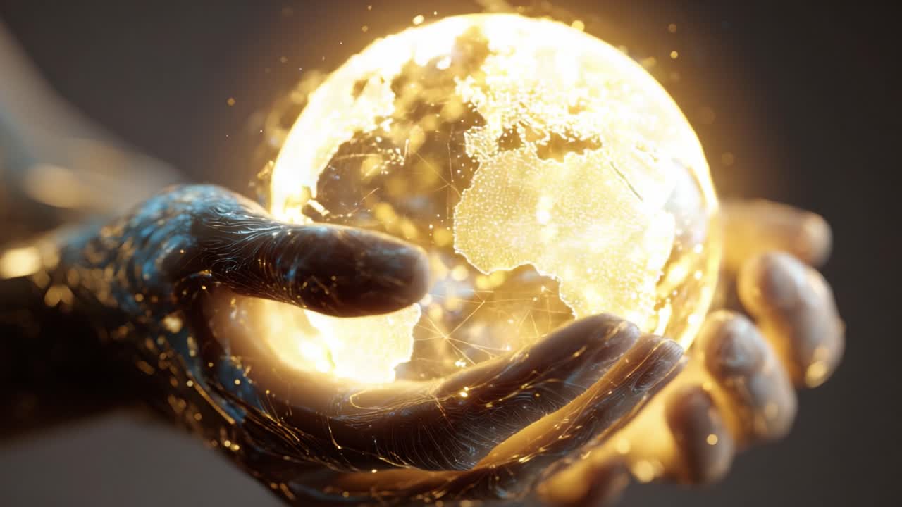Human hands cradle a luminous, digital hologram of planet Earth, visualizing a connected world with glowing data points and network lines representing global communication and technology