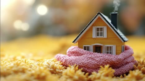 cozy miniature house wrapped in a pink scarf