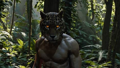 muscular man with jaguar head in the jungle