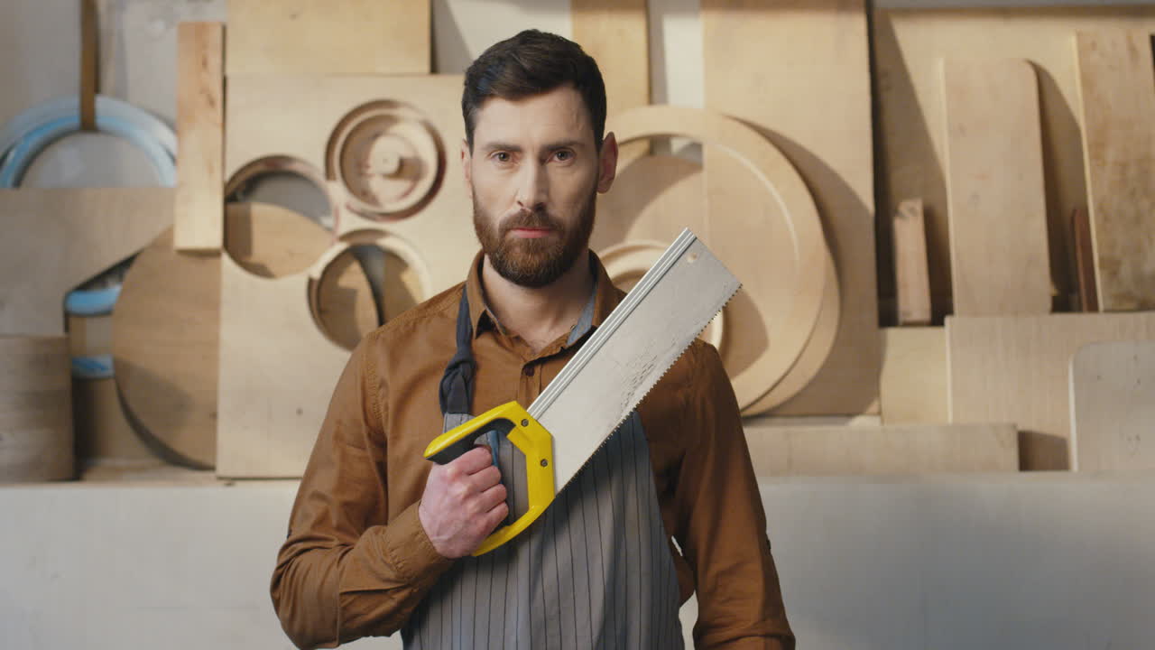 목공 작업장에서 헬멧을 쓰고 톱을 들고 카메라를 보고 있는 백인 수염 난 남자의 초상화