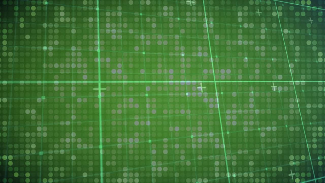 Animated green digital grid shifting and pulsing after initial dot fill, showing new guide layout