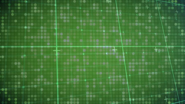 Animated green digital grid shifting and pulsing after initial dot fill, showing new guide layout