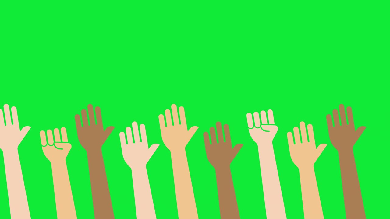 다양한 인종이 손을 들어 올리는 4k 애니메이션, 크로마 키 사용을 위한 녹색 배경.